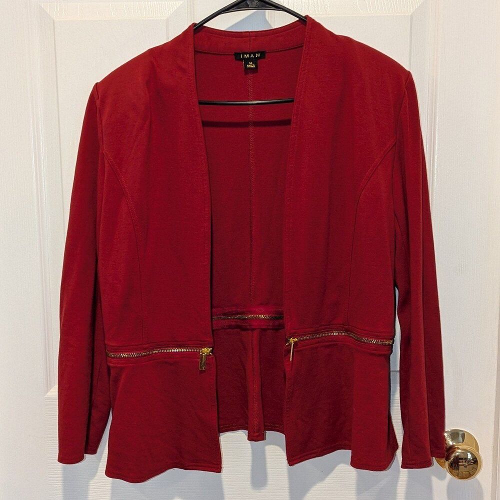 Iman Sophisticated Red Office Siren Peplum Open Front Blazer Gold Zipper Medium